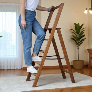 Tall Wooden Folding Ladder – Natural Slim Stepladder with High Handle for Kitchen, Library, Plant Stand, Photo Prop, Rustic Home Decor