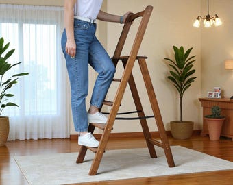 Tall Wooden Folding Ladder – Natural Slim Stepladder with High Handle for Kitchen, Library, Plant Stand, Photo Prop, Rustic Home Decor