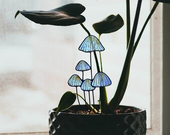 Stained Glass Blue Mushroom Plant Stake. Perfect Mushroom Garden Decor. Great Father&#39;s Day or Housewarming Gift for Plant Lovers!