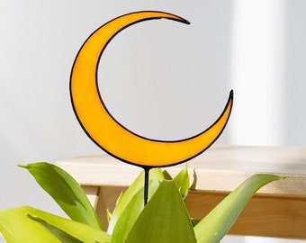 Elegant Crescent Moon Plant Stakes. Handmade Stained Glass Moon Decor. Perfect for Housewarming Gifts and Garden Enthusiasts