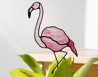 Berry Pink Flamingo Plant Stake. Creative Stained Glass Garden Ornament. Perfect Valentine's Day Gift for Plant Lovers