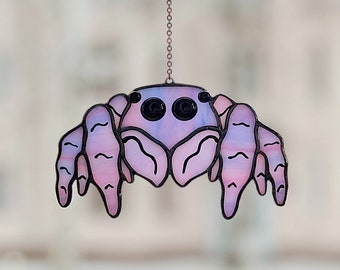 Stained Glass Jumping Spider Window Hanging. Funny Suncatcher Arachnid Decor. Unique Handcrafted Artwork