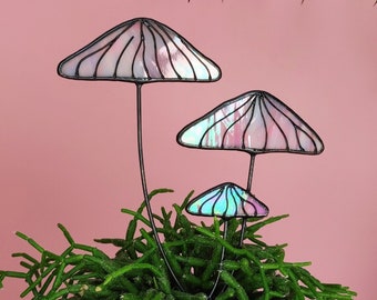 Mushrooms Stained Glass Plant Stake for Home Decor. Whimsical Pink Mushrooms Design. Cottagecore Gift Idea.