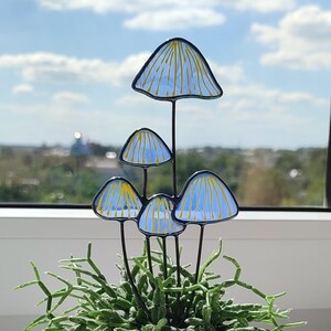 Stained Glass Blue Mushroom for Flower Pot Decor.