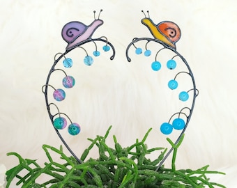 Stained Glass Snail on Branch with Berries Plant Stake. Lily of the Valley Berries Garden Accessories. Ideal Gift for Parents Plant Lovers