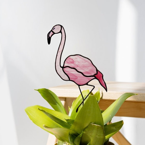 Suncatcher Berry-Pink Flamingo Plant Stake. Stained glass Garden stakes Flamingo. Unique Gift for Mom's Special Occasion. Plant Lover Gift