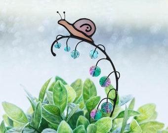 Stained Glass Snail on Branch Plant Stake. Lily of the Valley Berries with Snail Garden Decor. Perfect Birthday Gift for Plant Lovers