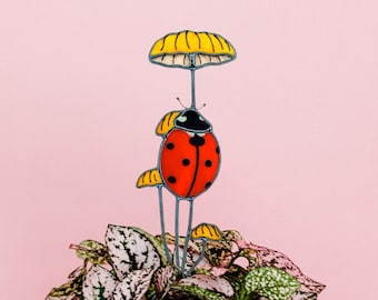 Ladybug on Mushroom Plant Stake. Handmade Stained Glass Garden Decor. Perfect for Indoor and Outdoor Gardens.