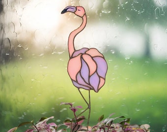 Stained Glass Pink Flamingo Garden Stake. Flamingo Plant Stake for Beautiful Flower Pot Decor. Ideal Birthday Gift for Mom