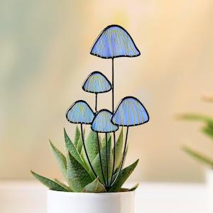 Stained Glass Blue Mushroom Plant Stake. Cottagecore Mushroom Flower Pot Decor. Ideal Mother's Day Gift for Mom Plant Lovers from Son