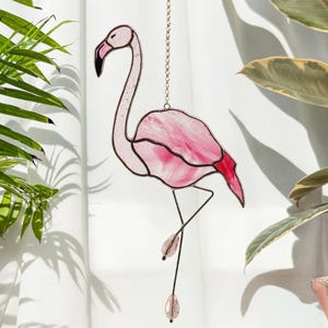 Suncatcher Berry-Pink Flamingo Stained Glass. Window Hangings with Flamingo. Unique Gift for Mom's Special Occasion