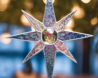 Christmas Star Stained Glass Ornament – Iridescent Window Hanging and Unique Handmade Holiday Gift for Aunt, Uncle, Grandma, or Grandpa