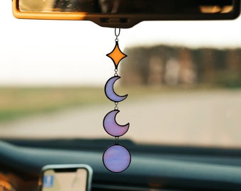 Celestial Moon Phases Car Charm. Car Accessory with Delicate Lavender Stained Glass. Charming Decoration for Women Car Rearview Mirror