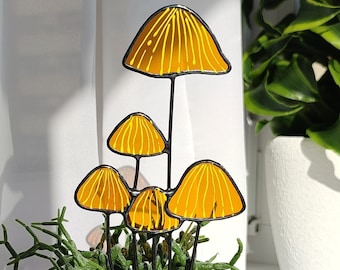 Brown Mushrooms Stained Glass Plant Stake. Beautiful Handmade Decoration for Plant Lovers. Perfect Housewarming Gift!