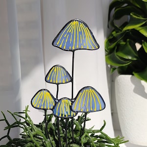 Stained Glass Blue Mushroom for Flower Pot Decor.