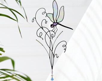 Dragonfly Suncatcher with Clear Iridescent Wings. Handmade Stained Glass Dragonfly for Patio Decor and Windows. Perfect Housewarming Gift