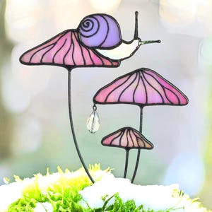 Pink Mushrooms with Snail Plant Stake. Iridescent Stained Glass Garden Stake. Mushroom Decor. Unique Kitchen Decoration. Housewarming Gift