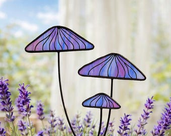 Stained Glass Purple-blue Mushrooms Plant Stake. Perfect Garden Decoration for Mushroom Lovers. Christmas Gift for Friends and Plant Lover