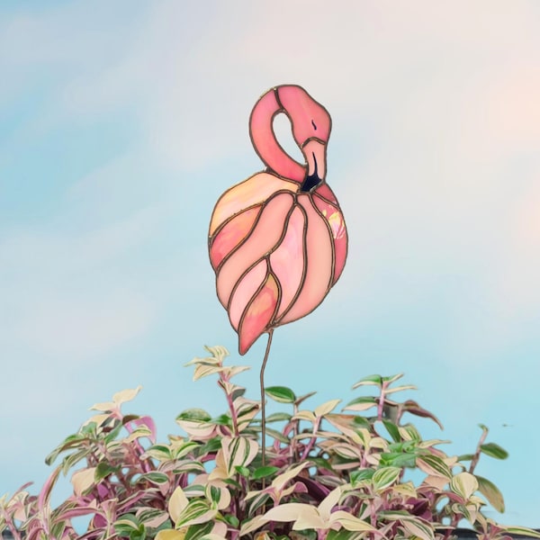 Iridescent Pink Flamingo Plant Stake. Stained Glass Flamingo Garden Stakes. Unique gift for mom's special occasion. Plant Lover Gift