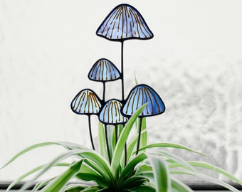 Cottagecore Mushroom Flower Pot Decor. Stained Glass Blue Mushroom Plant Stake. Ideal Mother's Day Gift for Mom Plant Lovers from Son
