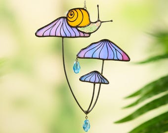 Stained Glass Snail on Mushrooms Suncatcher - Cottagecore Window Hanging