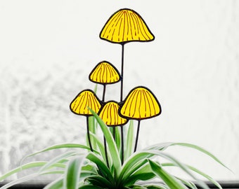 Stained Glass Yellow Mushroom Plant Stake. Unique Cottagecore Mushroom Flower Pot Decor for Plant Lovers. Unique Gift for Mother from Son