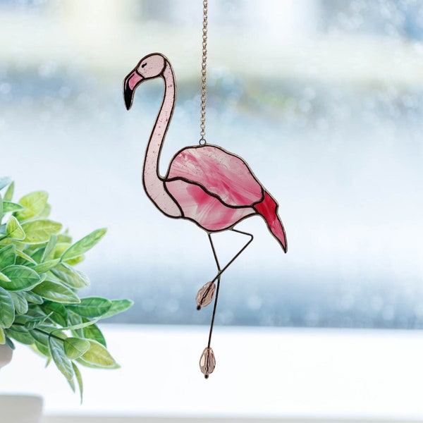 Suncatcher Berry-Pink Flamingo Stained Glass. Window Hangings with Flamingo. Unique Gift for Mom's Special Occasion