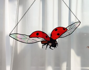 Charming Ladybug Valentine's Day Gift. Iridescent Stained Glass Suncatcher Holiday Gift.  Modern Window Hangings Home Decor