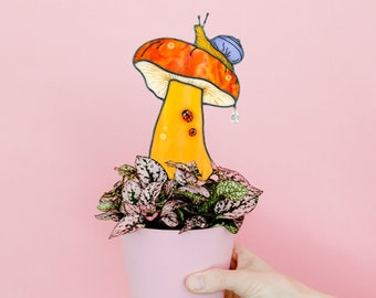 Stained Glass Mushroom Plant Stakes for Whimsical Gardens and Rustic Kitchen Decor. Unique Gift for Nature Lovers.