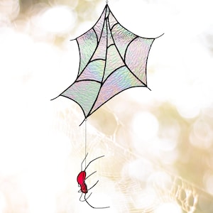 Stained Glass Spider Web Suncatcher with Iridescent Glass and Hanging Spider. Halloween Decor for Spooky Season. Gift for Halloween Lovers