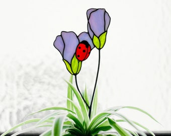 Stained Glass Purple Flower with Miraculous Ladybug Plant Stake. Beautiful Flower Suncatcher for Your Garden. Perfect Easter Gift for Mom