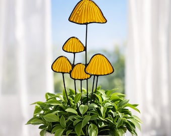 Brown Mushrooms Stained Glass Plant Stake. Beautiful Handmade Decoration for Plant Lovers. Perfect Gift for Mom