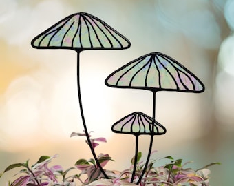 Iridescent Mushrooms Stained Glass Art. Handmade Plant Stake Perfect for Mushroom Lovers for Home or Office Decor. Unique Housewarming Gift!