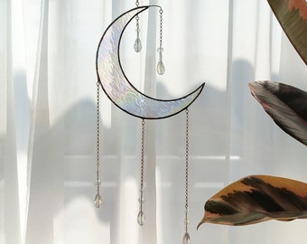 Crescent Moon Iridescent Stained Glass. Moon and Stars Beads Suncatcher. Artful Housewarming Gift.