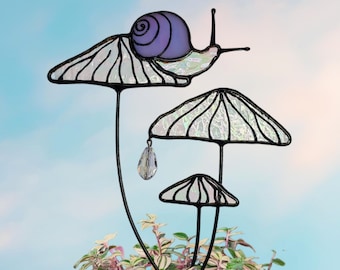 Iridescent Stained Glass Snail on Mushrooms Plant Stake. Vibrant Artwork for Your Garden. Rustic Cottagecore Style. Perfect Plant Lover Gift