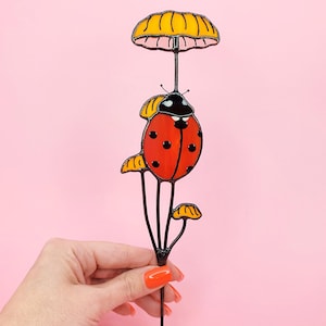 Valentine&#39;s Day Special Ladybug Stain Glass Plant Stake. Unique Garden Accessory for Indoor and Outdoor Gardens. Charming Gift for Loved One
