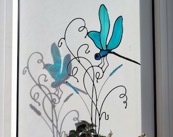 Turquoise Dragonfly Stained Glass Plant Stakes. Beautiful Flower Pot Decor with Dragonfly Suncatcher. Perfect Housewarming Gift for Friends