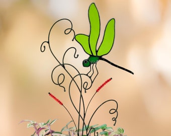 Elegant Stained Glass Dragonfly Suncatcher. Exquisite Plant Stakes for Garden Decoration. Ideal Anniversary Gift for Wife.