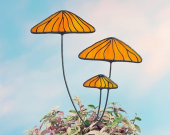 Stained Glass Orange Mushrooms Plant Stake. Unique Garden Decoration for Mushroom Lovers. Cottagecore Inspired Ornament.