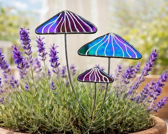 Iridescent Black Mushroom Plant Stake. Stained Glass Art for Halloween Decor. Spooky Season Gift for Friends and Plant Lovers