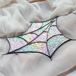 Stained Glass Spider Web with Spider Suncatcher. Iridescent Halloween and Holiday Decor. Unique Gothic Window Decoration for Spooky Season.