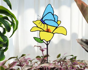 Flower with Butterfly Stained Glass Garden Decor. Plant Stake with Delicate Butterfly Suncatcher. Perfect Housewarming Gift for Nature Lover