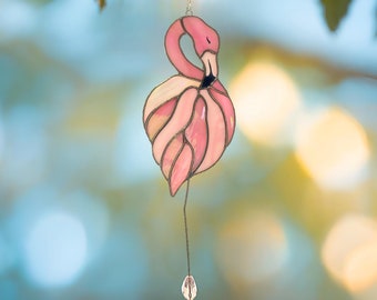 Pink Flamingo Iridescent Stained Glass Suncatcher Window Hanging. Unique Valentine's Day Gift for Mom!