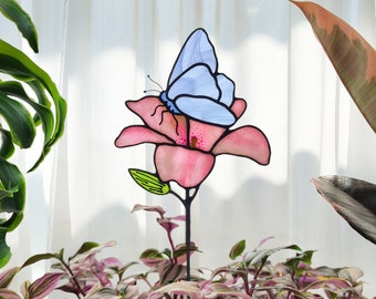 Stained glass Flower with Butterfly Garden Decor. Butterfly Suncatcher Plant Stake. Unique Mothers Day Gift for Nature Lovers!