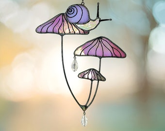 Mushrooms with Snail Stained Glass Window Hangings. Pink Suncatcher Mushrooms for Home Decoration. Perfect Gift for Friends or Coworkers.