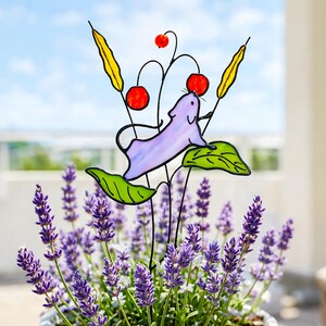 Stained Glass Mouse with Raspberries Plant Stake. Unique Garden and Houseplant Decoration for Mother's Day Gift