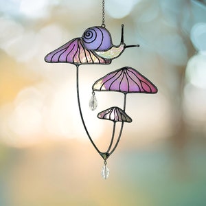 Mushrooms with Snail Stained Glass Window Hangings. Pink Suncatcher Mushrooms for Home Decoration.