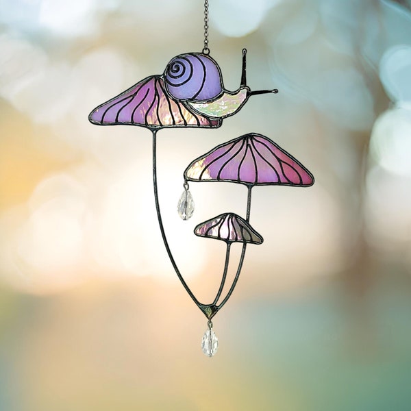 Mushrooms with Snail Stained Glass Window Hangings. Pink Suncatcher Mushrooms for Home Decoration. Perfect Gift for Friends or Coworkers.