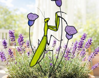 Handmade Stained Glass Praying Mantis Garden Plant Stakes. Unique Bug Lover Gift. Whimsical Home and Garden Decor for Nature Lovers