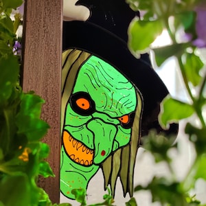 Stained Glass Witch. Gothic Witch Decor for Window. Spooky Halloween Art. Green Witch Face for Haunted House Aesthetic
